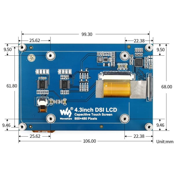 Waveshare 4.3 inch DSI IPS-TFT-LCD Display 800*480 met Touchscreen - voor Raspberry Pi