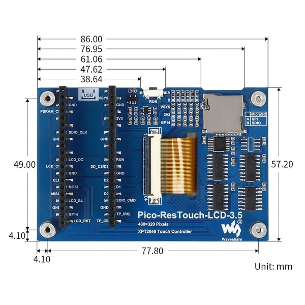 Waveshare 3.5 inch IPS-TFT-LCD Display 480*320 pixels - with Touchscreen - For Raspberry Pi Pico