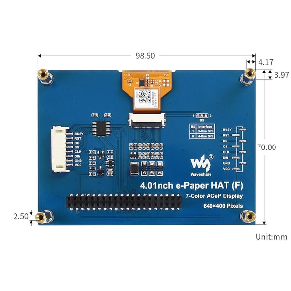 Waveshare 4.01 inch E-Ink E-Paper Display HAT - ACeP 7 Kleuren - voor Raspberry Pi