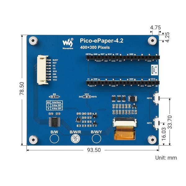 Waveshare 4.2 inch SPI E-Ink E-Paper Display (B) - 3 Kleuren - voor Raspberry Pi Pico