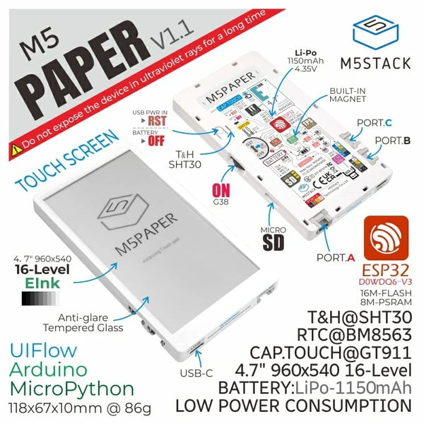 M5Stack M5Paper V1.1 met 4.7 inch E-paper E-ink Display en Touchscreen - ESP32