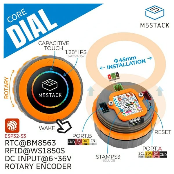 M5Stack M5Dial - ESP32-S3 Smart Rotary Knob with 1.28 inch Display and Touchscreen