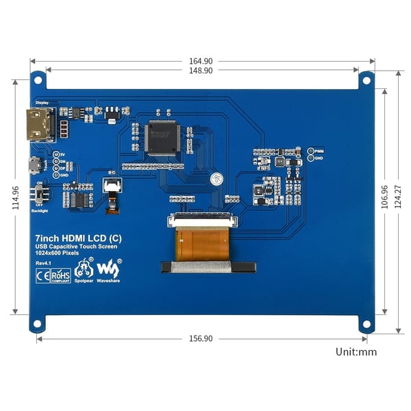 Waveshare 7 inch HDMI IPS-TFT-LCD (C) Display 1024*600 pixels met Capacitief Touchscreen