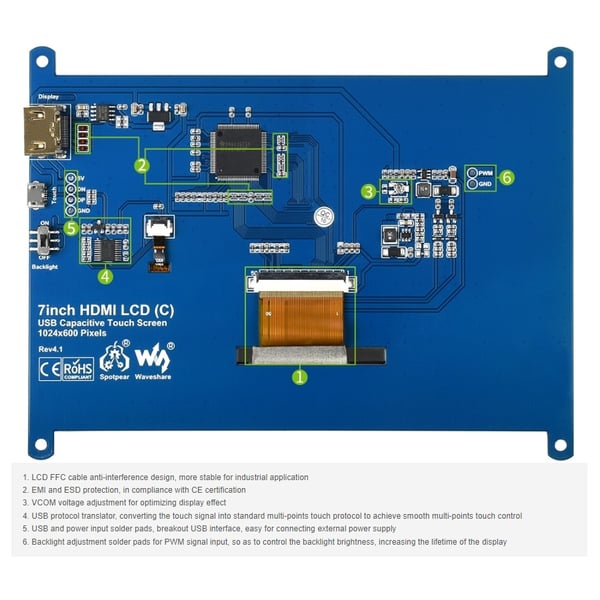 Waveshare 7 inch HDMI IPS-TFT-LCD (C) Display 1024*600 pixels met Capacitief Touchscreen
