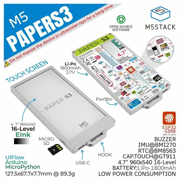 M5Stack M5PaperS3 with 4.7 inch E-paper E-ink Display and Touchscreen - ESP32-S3