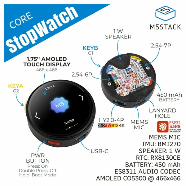 M5Stack StopWatch - ESP32-S3 Development Kit met 1.75 inch Display en Touchscreen