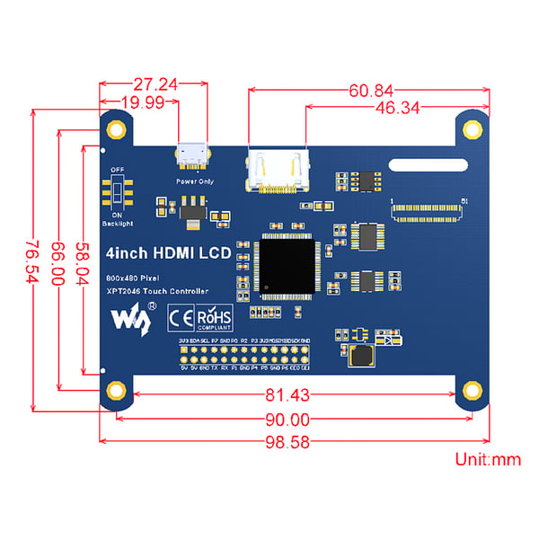 Waveshare 4 inch HDMI IPS-TFT-LCD Display IPS 800*480 pixels met Touchscreen - Raspberry Pi Compatible
