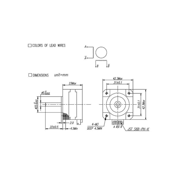 Stappenmotor - 23mm dik - 0.13N.m - 1.0A - NEMA17 - JST-PH Compatible Connector