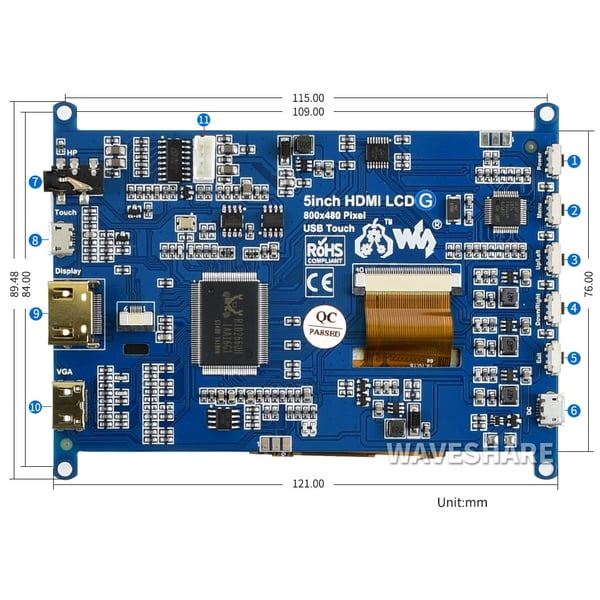 Waveshare 5 inch HDMI TFT-LCD (G) Display 800*480 pixels met Touchscreen - Raspberry Pi Compatible